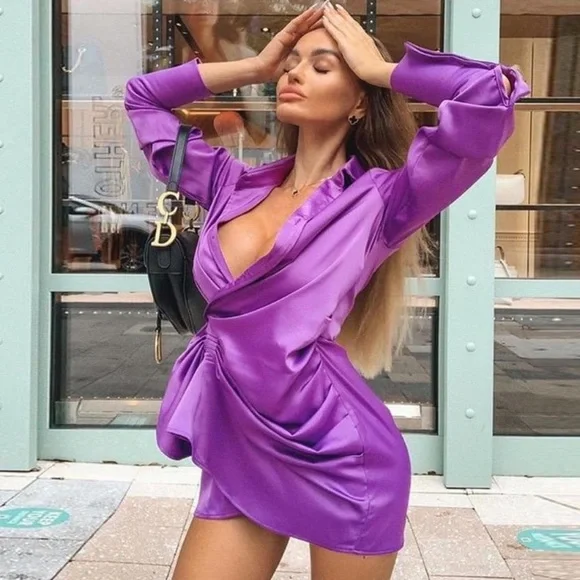 zara purple wrap dress Zara Womens Purple Satin Long Sleeve Collared Tie Short Wrap Dress Size M